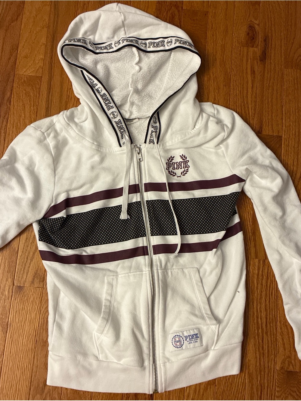 PINK White Zip-Up Hoodie with Maroon & Black Stripes